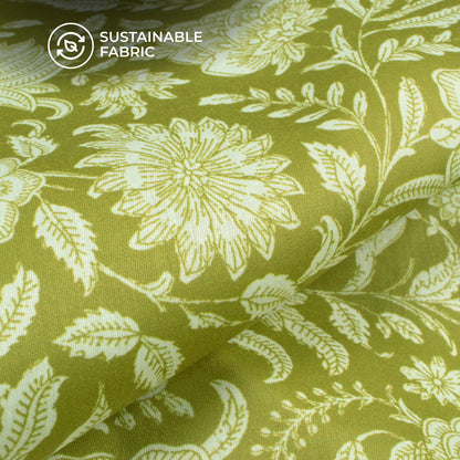 Olive Green Floral Digital Print Poly Glazed Cotton Fabric