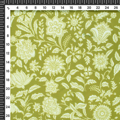 Olive Green Floral Digital Print Poly Glazed Cotton Fabric