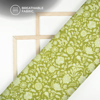 Olive Green Floral Digital Print Poly Glazed Cotton Fabric