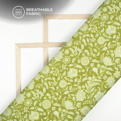 Olive Green Floral Digital Print Poly Glazed Cotton Fabric