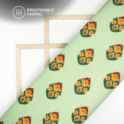 Dark Green Floral Digital Print Poly Glazed Cotton Fabric
