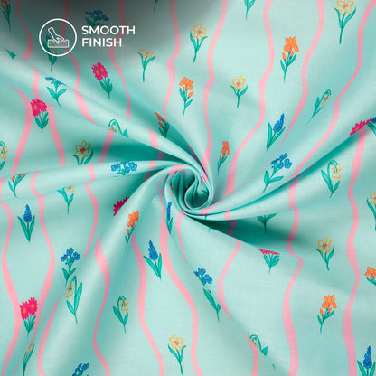Sky Blue Floral Digital Print Poly Glazed Cotton Fabric