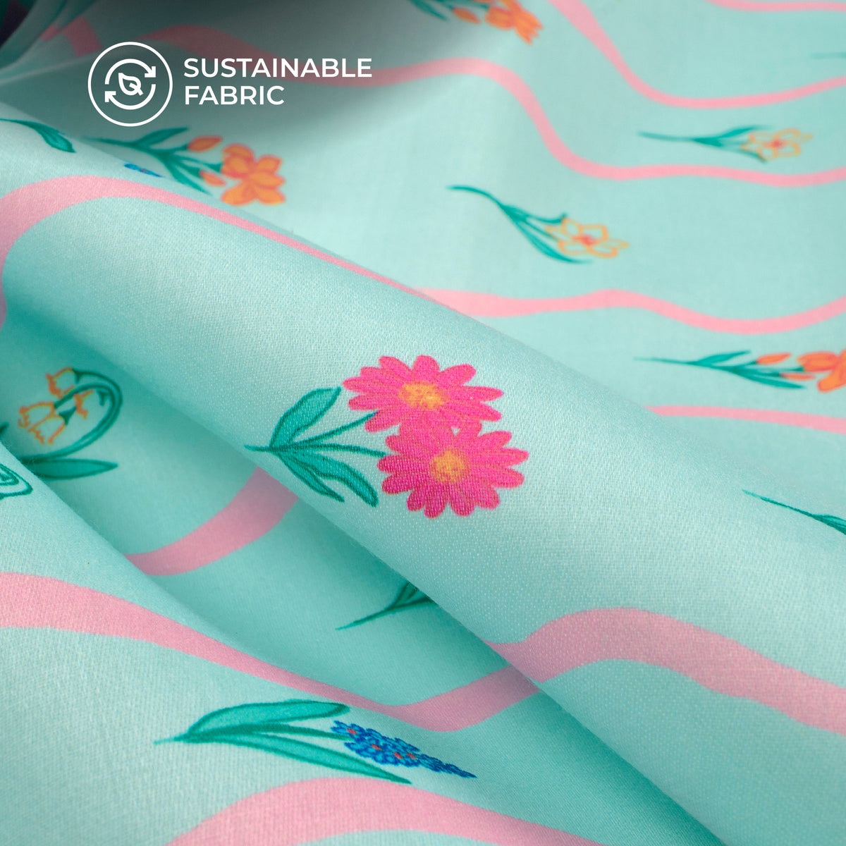 Sky Blue Floral Digital Print Poly Glazed Cotton Fabric