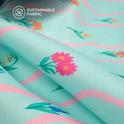 Sky Blue Floral Digital Print Poly Glazed Cotton Fabric