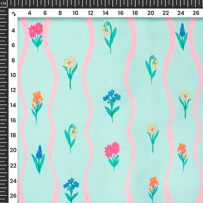 Sky Blue Floral Digital Print Poly Glazed Cotton Fabric