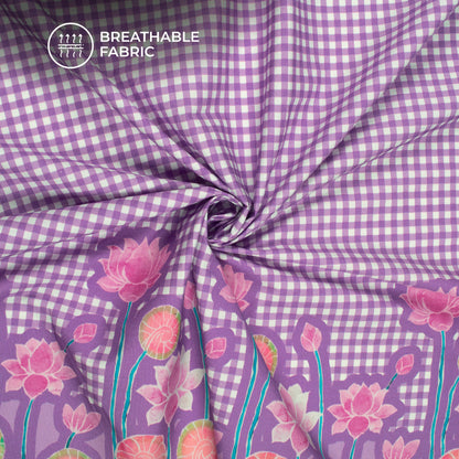 Medium Purple Floral,Checks Digital Print Poplin Fabric (Width 58 Inches)