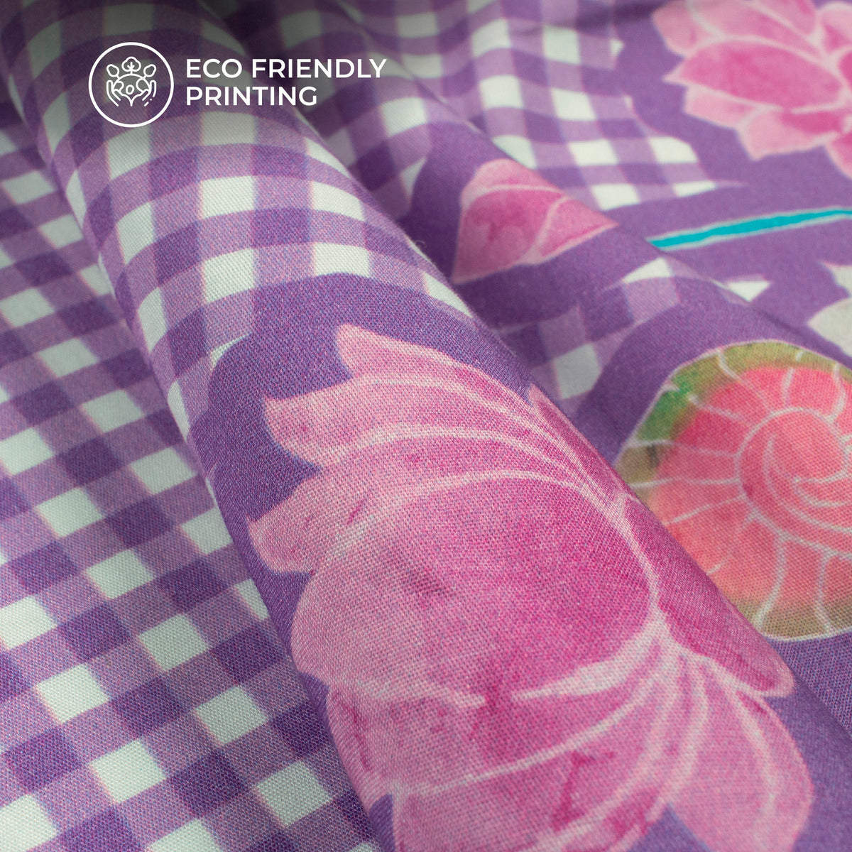 Medium Purple Floral,Checks Digital Print Poplin Fabric (Width 58 Inches)