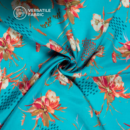 Sky Blue Floral Digital Print Bemberg Raw Silk Fabric