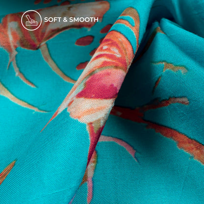 Sky Blue Floral Digital Print Bemberg Raw Silk Fabric