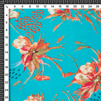 Sky Blue Floral Digital Print Bemberg Raw Silk Fabric