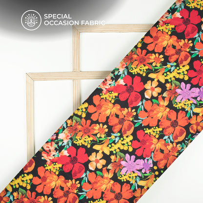 Multi-Color Floral Digital Print Bemberg Raw Silk Fabric