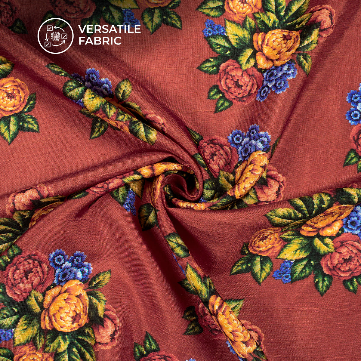 Jam Red Floral Digital Print Bemberg Raw Silk Fabric