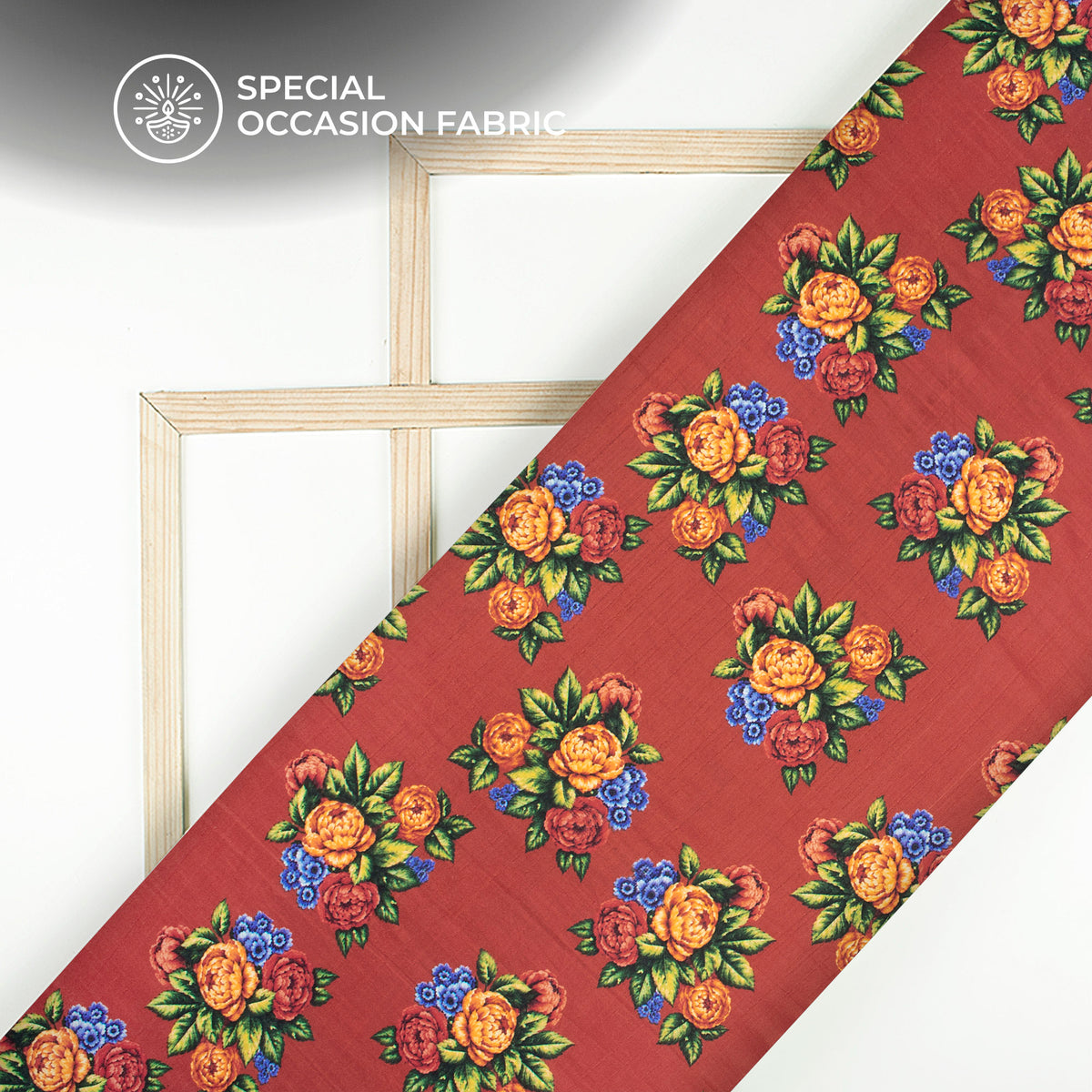 Jam Red Floral Digital Print Bemberg Raw Silk Fabric