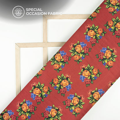 Jam Red Floral Digital Print Bemberg Raw Silk Fabric