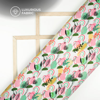 Rose Pink And White Abstract Floral Digital Print Premium Velvet Fabric