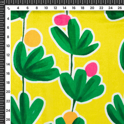 Dark Green And Lemon Yellow Leaf Digital Print Premium Velvet Fabric