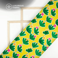 Dark Green And Lemon Yellow Leaf Digital Print Premium Velvet Fabric