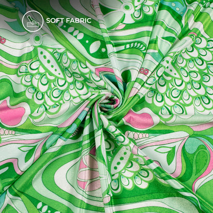 Fern Green And Pink Floral Digital Print Premium Velvet Fabric