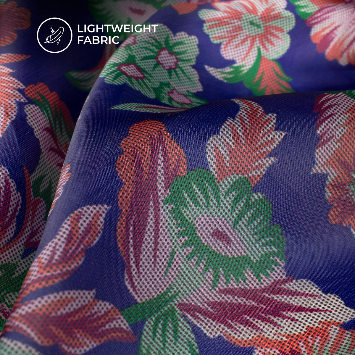 Royal Blue Floral Digital Print Organza Satin Fabric