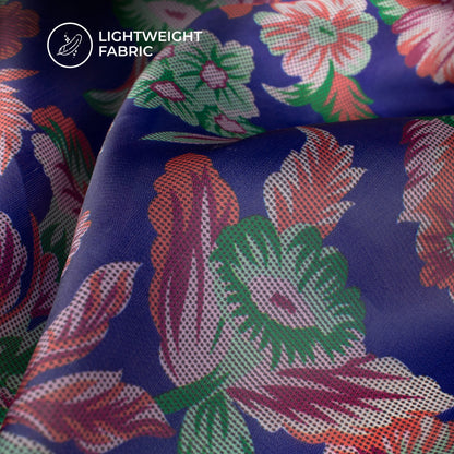 Royal Blue Floral Digital Print Organza Satin Fabric