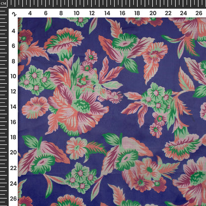 Royal Blue Floral Digital Print Organza Satin Fabric
