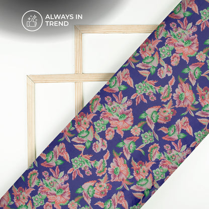 Royal Blue Floral Digital Print Organza Satin Fabric