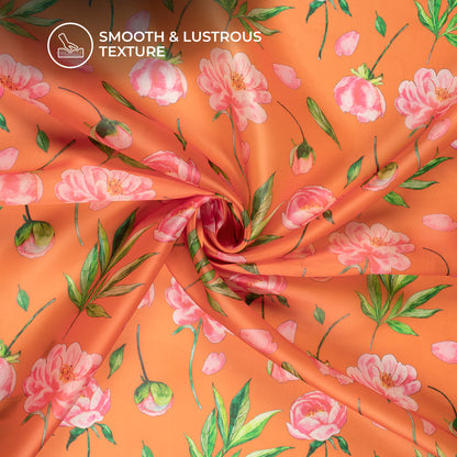 Tangerine Orange Floral Digital Print Organza Satin Fabric