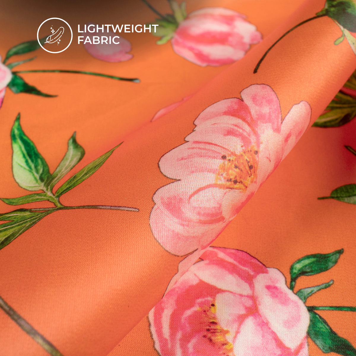 Tangerine Orange Floral Digital Print Organza Satin Fabric
