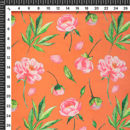 Tangerine Orange Floral Digital Print Organza Satin Fabric