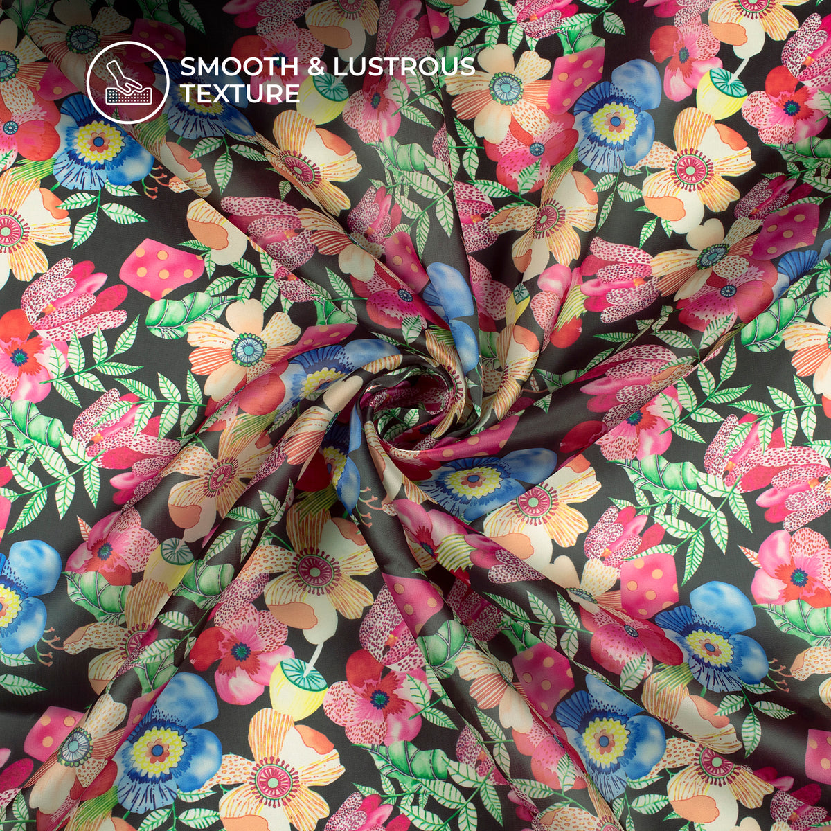 Black Floral Digital Print Organza Satin Fabric