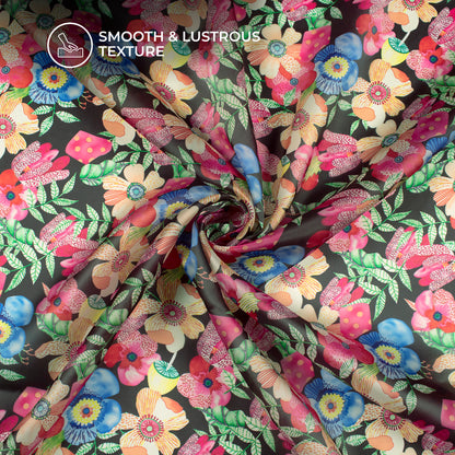 Black Floral Digital Print Organza Satin Fabric