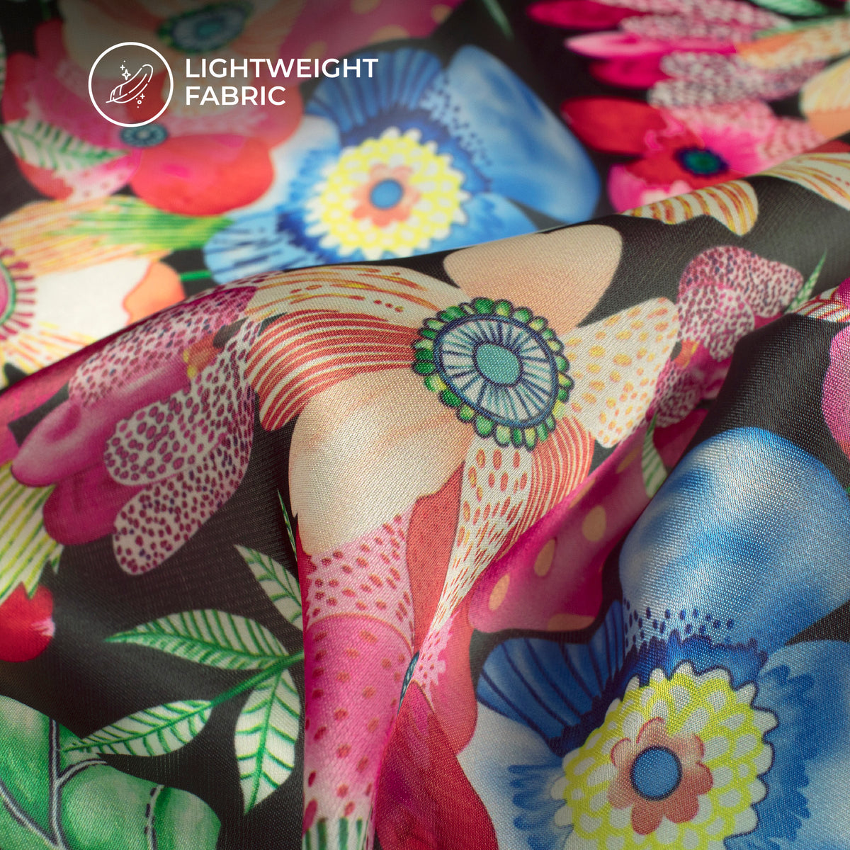 Black Floral Digital Print Organza Satin Fabric