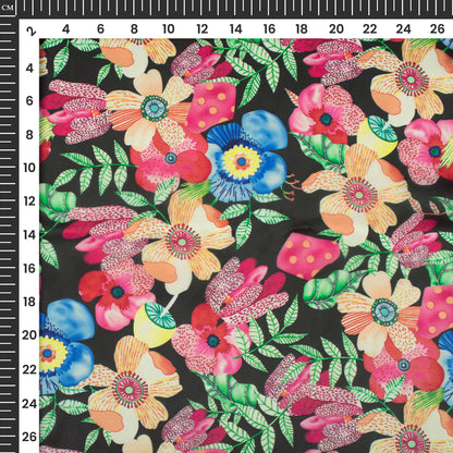 Black Floral Digital Print Organza Satin Fabric