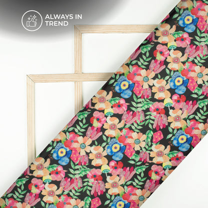 Black Floral Digital Print Organza Satin Fabric