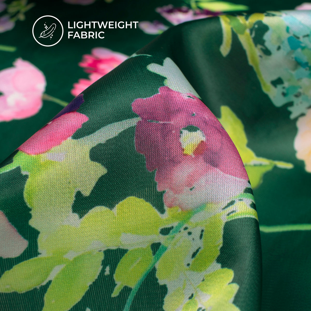 Dark Green Floral Digital Print Organza Satin Fabric