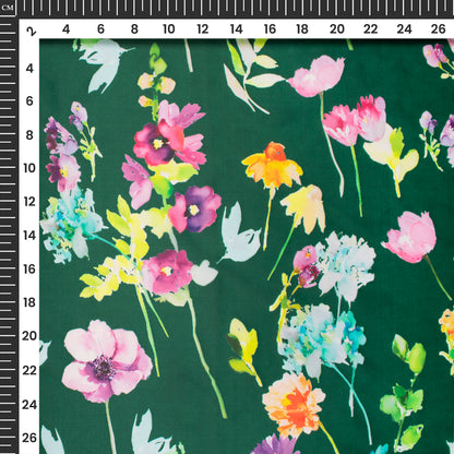 Dark Green Floral Digital Print Organza Satin Fabric
