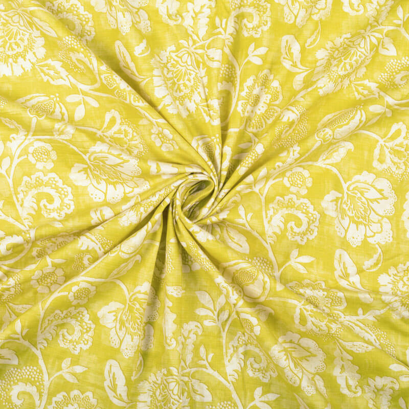Lemon Yellow And White Floral Pattern Digital Print Cotton Cambric Fabric