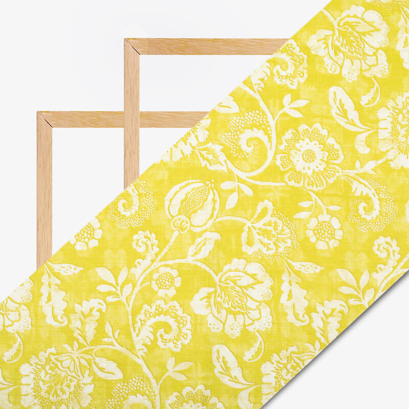 Lemon Yellow And White Floral Pattern Digital Print Cotton Cambric Fabric