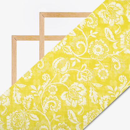 Lemon Yellow And White Floral Pattern Digital Print Cotton Cambric Fabric