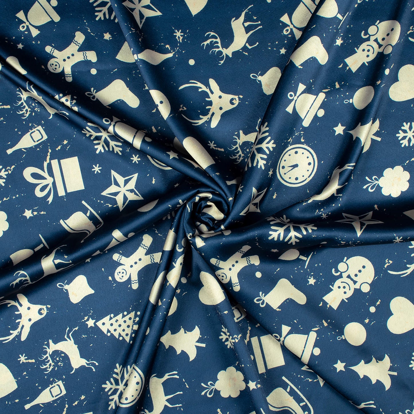 Aegean Blue And Cream Christmas Pattern Digital Print Japan Satin Fabric