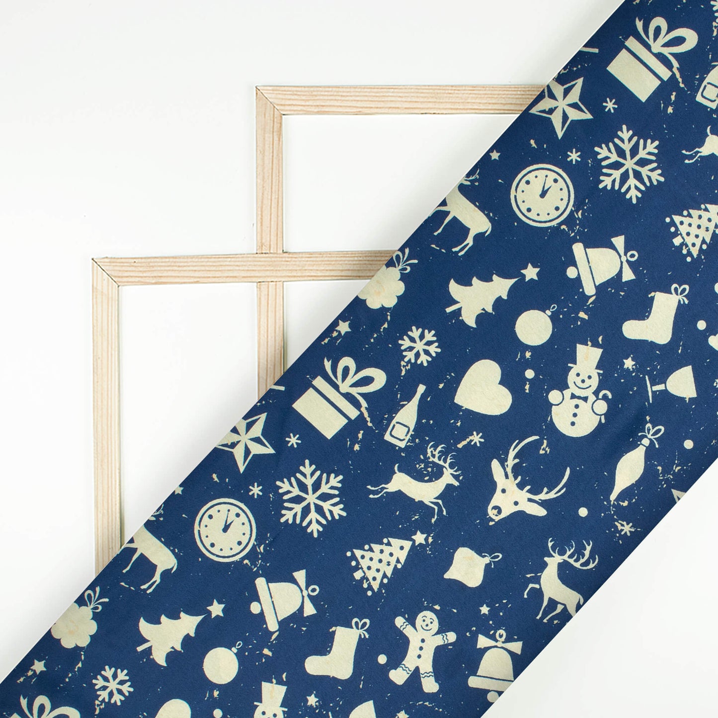 Aegean Blue And Cream Christmas Pattern Digital Print Japan Satin Fabric