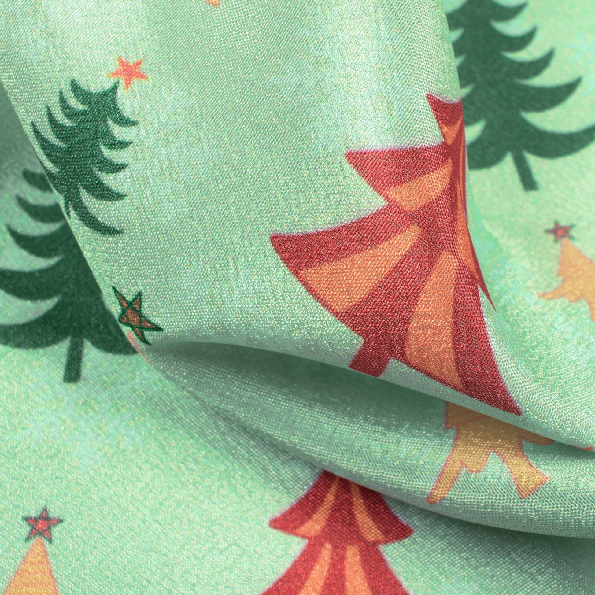 Pitachio Green And Red Christmas Pattern Digital Print Crepe Silk Fabric - Fabcurate