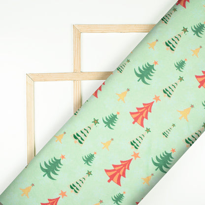 Pitachio Green And Red Christmas Pattern Digital Print Crepe Silk Fabric - Fabcurate