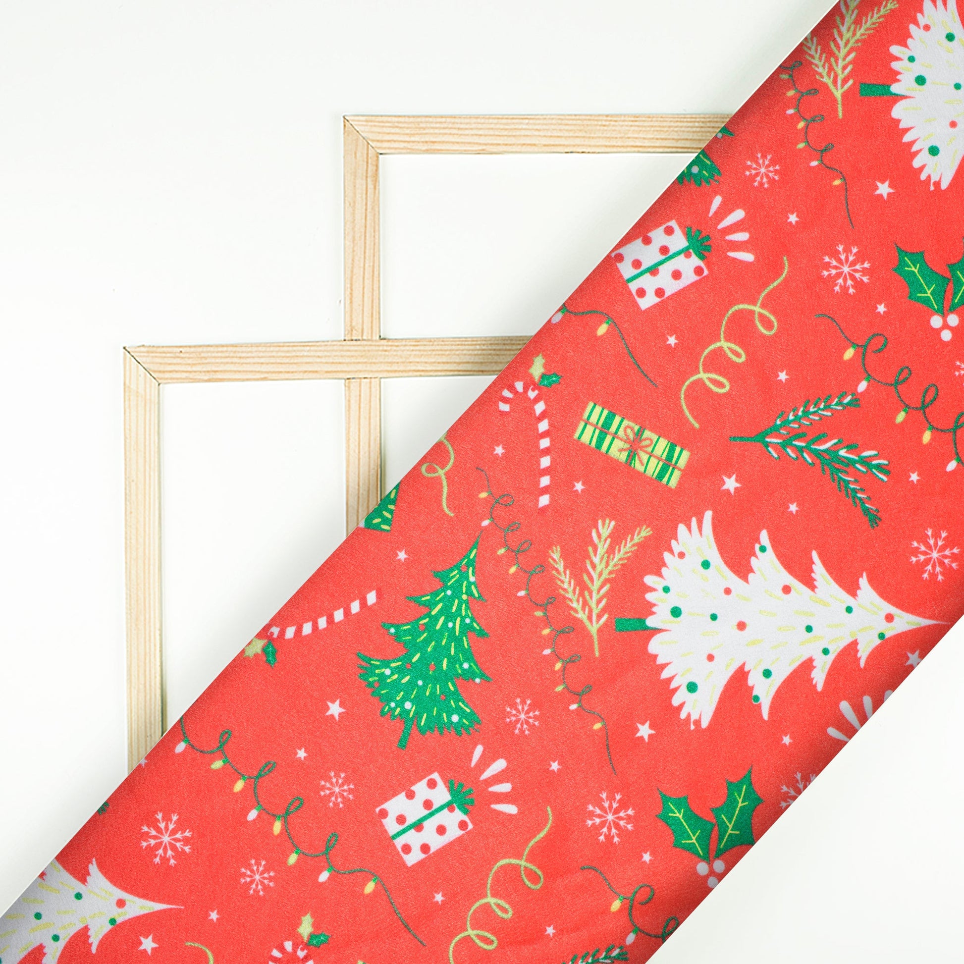 Red And Green Christmas Pattern Digital Print Crepe Silk Fabric - Fabcurate