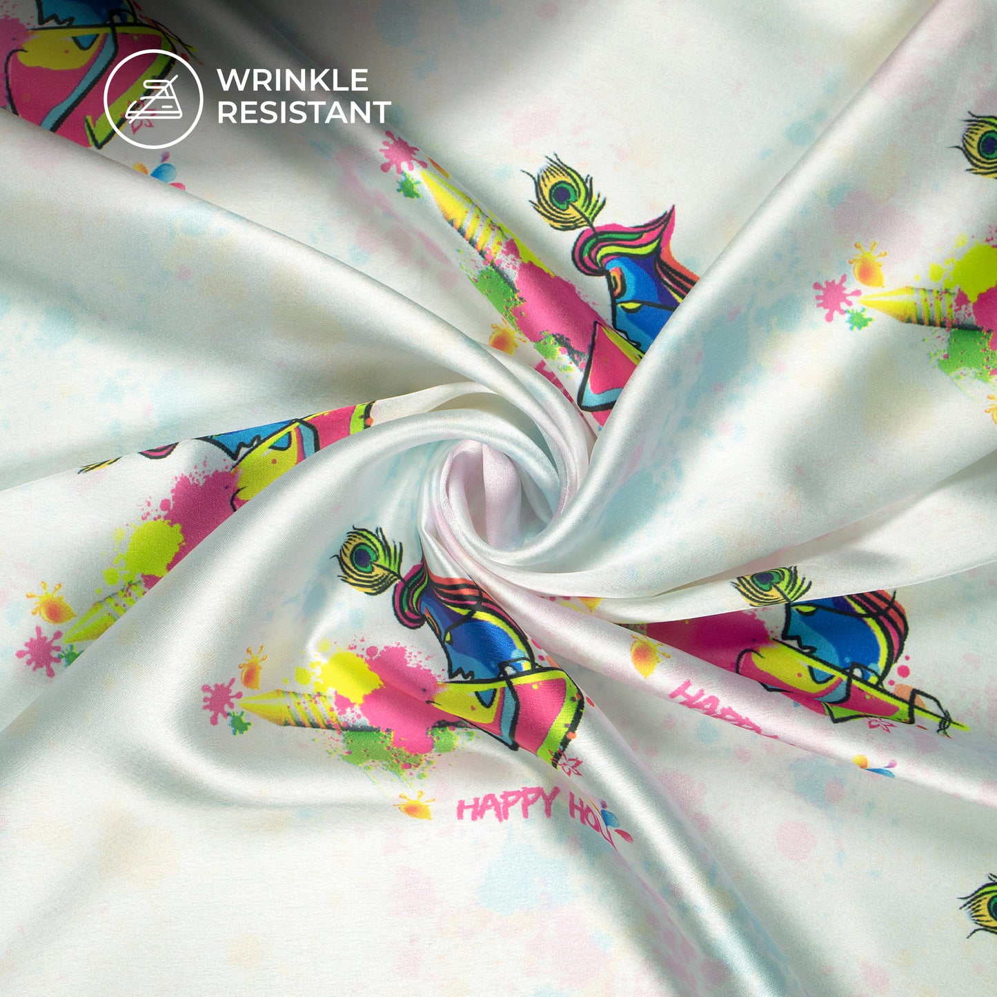 White And Magenta Pink Holi Pattern Digital Print Japan Satin Fabric