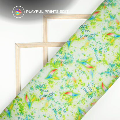 Parrot Green And White Holi Pattern Digital Print Japan Satin Fabric