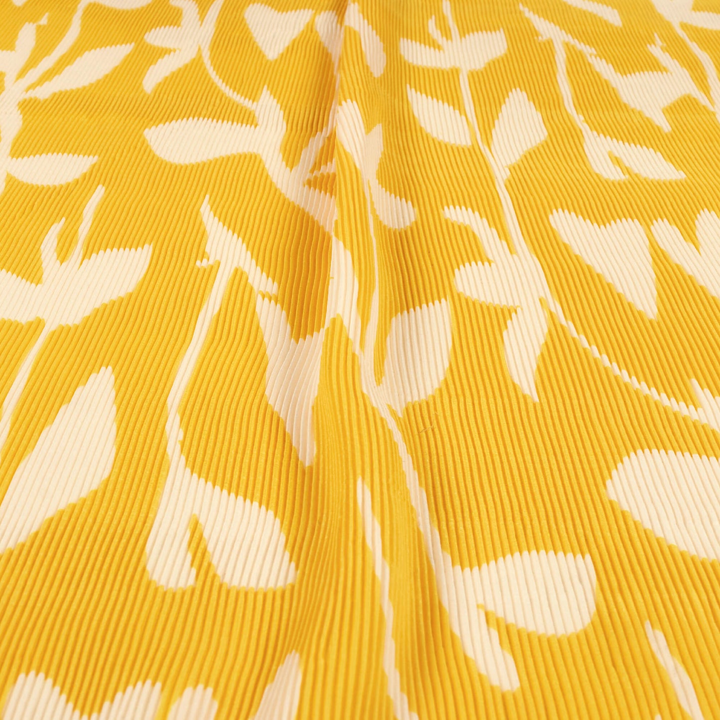 Trendy Yellow Floral Pleated Crepe Satin Fabric