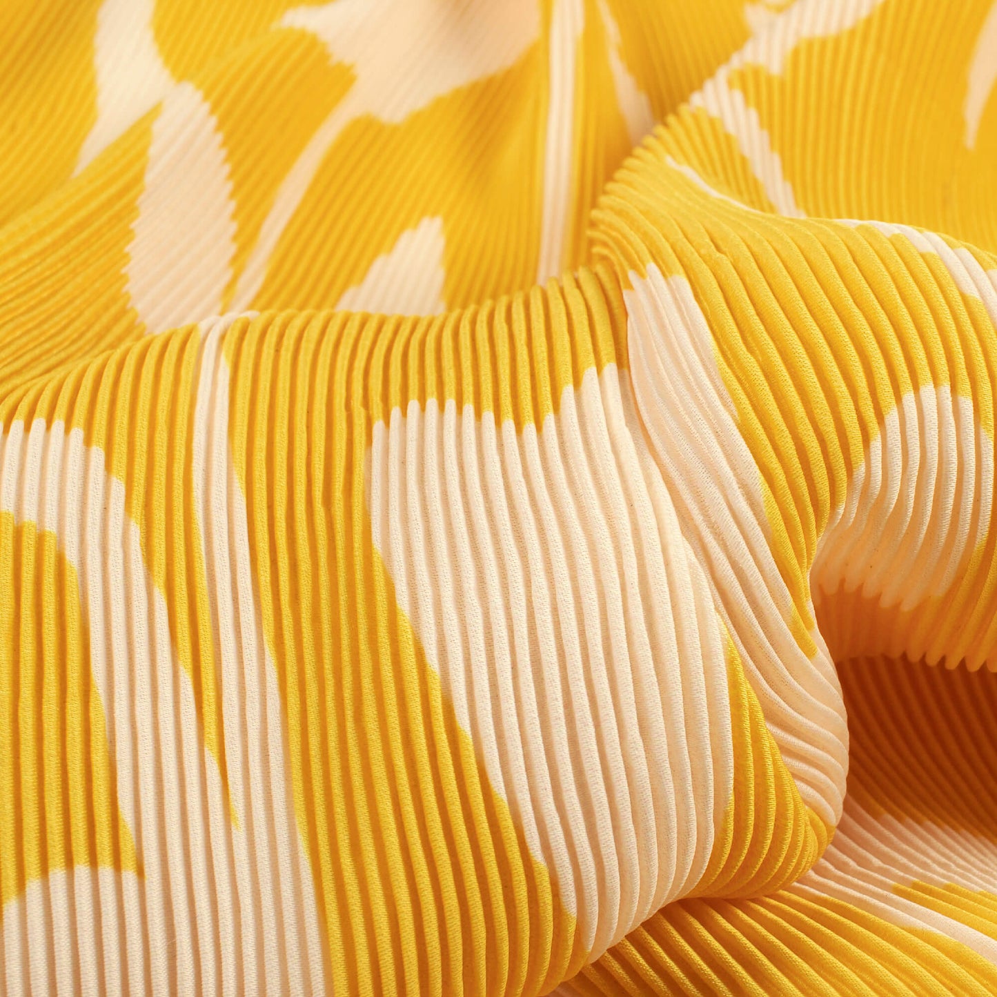 Trendy Yellow Floral Pleated Crepe Satin Fabric