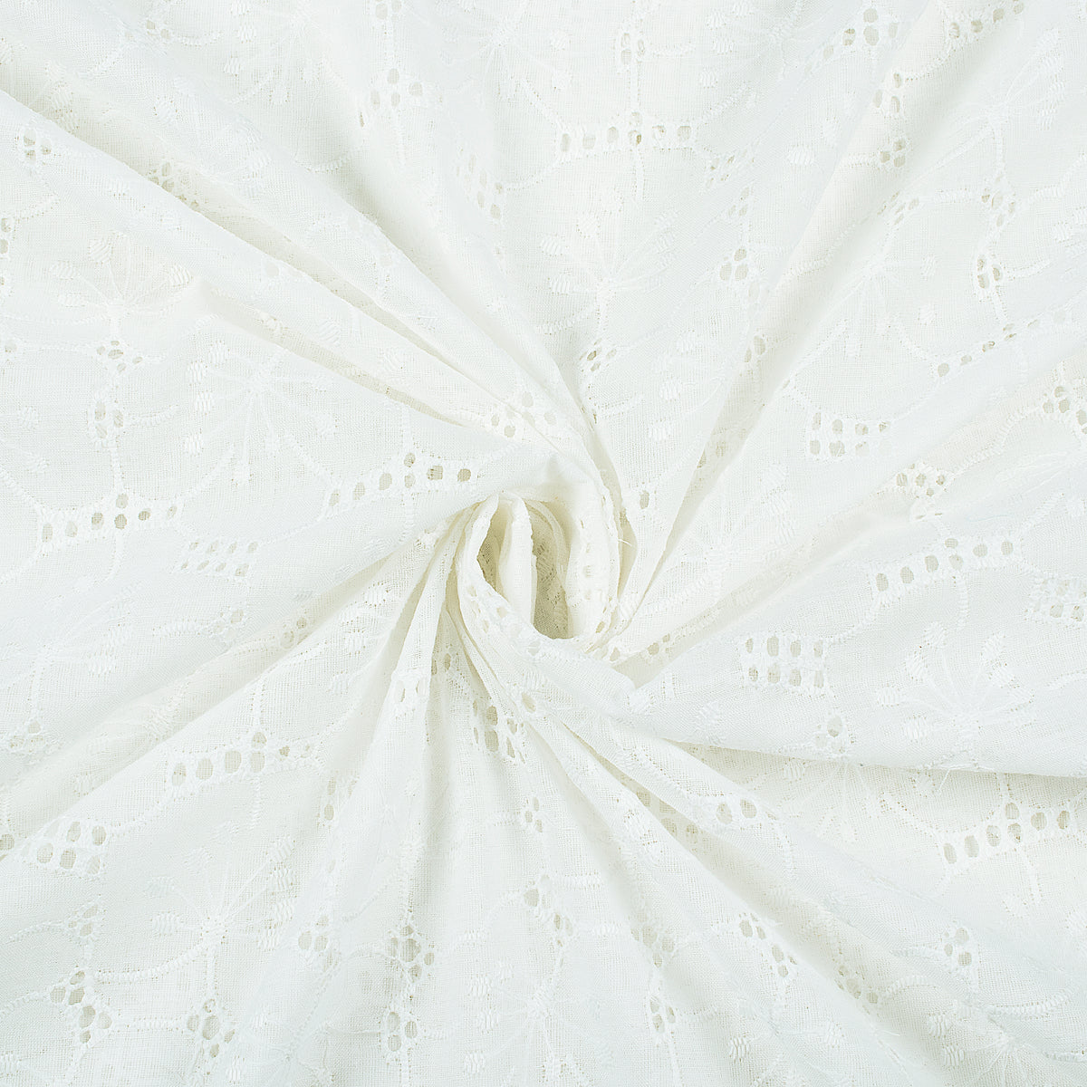 Geo Floral White Premium Schiffli Embroidery Dyeable Cotton Fabric (Width 52 Inches)
