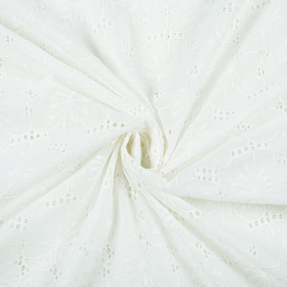 Geo Floral White Premium Schiffli Embroidery Dyeable Cotton Fabric (Width 52 Inches)